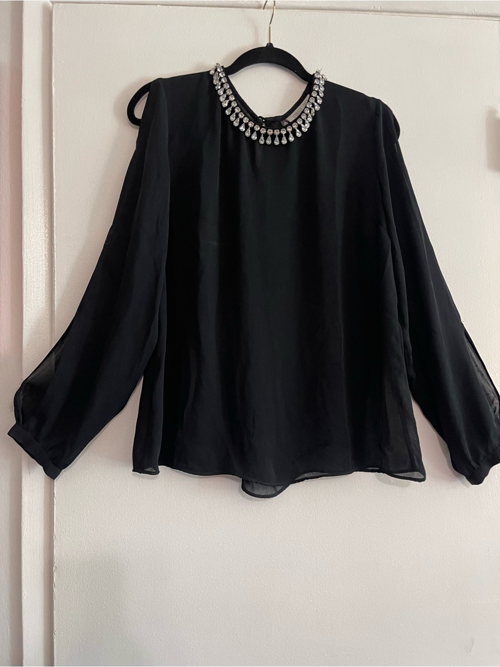 Jennifer Lopez Black Long-Sleeve Jewelled-Neck Blouse